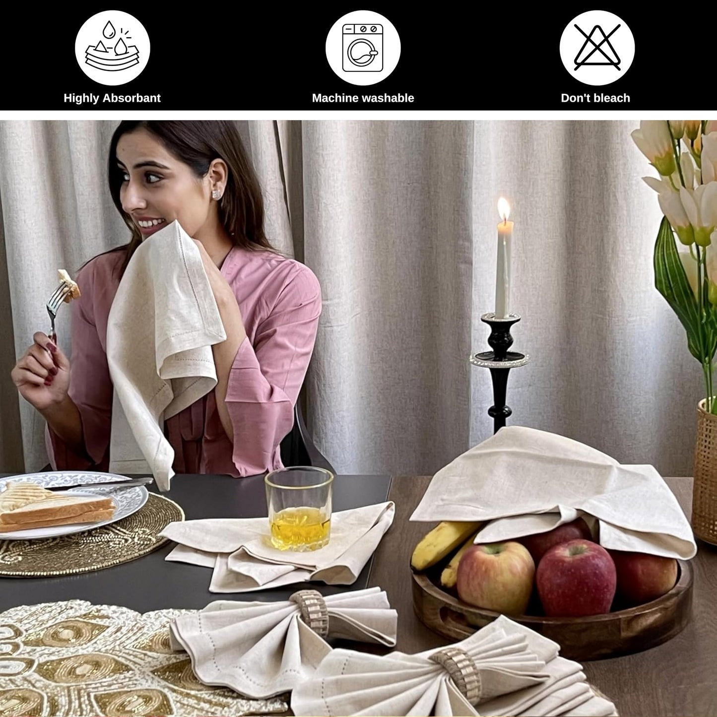 Homidate Linen Flax Cotton Cloth Dinner Napkins Set of 12 – 18x18 Natural Fabric with Hemstitched Mitered Corners – Machine Washable Wedding, Cocktail & Party Table Napkins