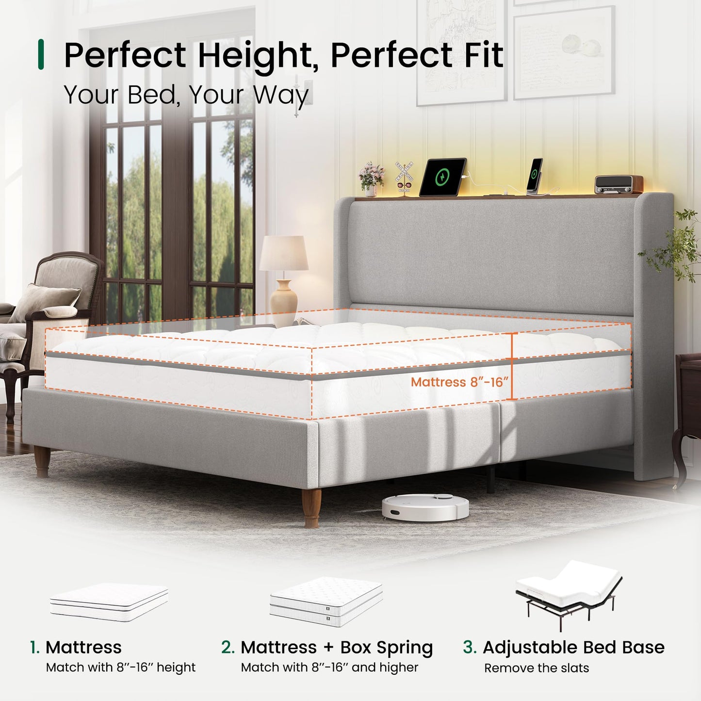 LARMACE Queen Size Bed Frame with LED Lights and Charging Station Linen Upholstered Platform Bed Frame with 51.2" Tall Wingback Headboard and Storage Shelf, No Box Spring Needed, Easy Assembly, Grey