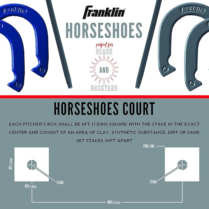 Franklin Sports Horseshoes Sets - Metal Horseshoe Game Sets for Adults + Kids - Official Weight Steel Horseshoes - Beach + Lawn Horseshoes Sets - Sets Include (4) Horseshoes and (2) Ground Stakes