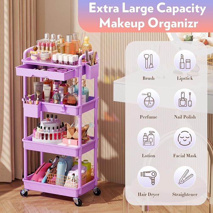 SUNALLY Makeup Cart Organizer with Drawers, 4 Tier Floor Skincare Organizers for Vanity, Rolling Makeup Bathroom Storage Cart Cosmetics Display Cases for Skin Care Perfume Nail Polish, Purple