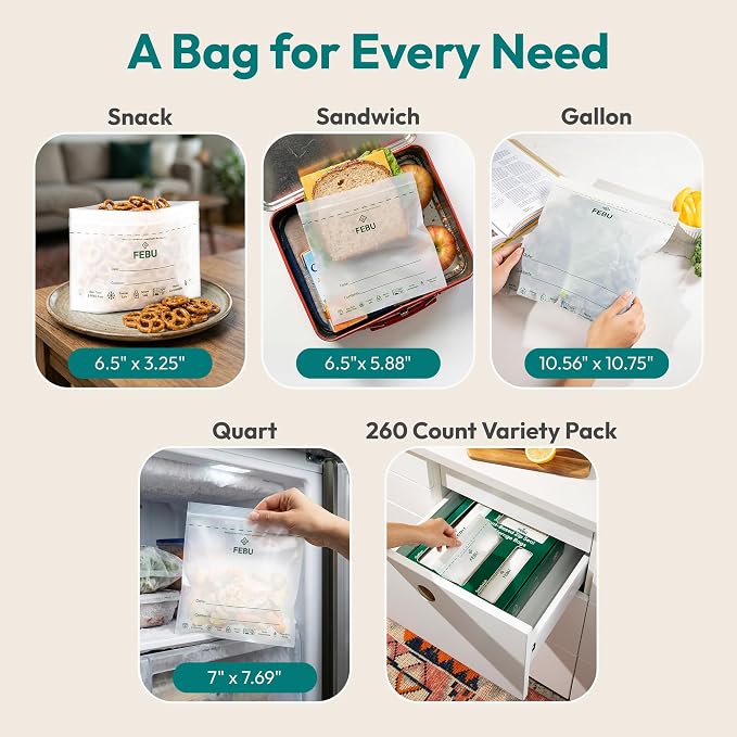 FEBU Snack Compostable Food Storage Bags, 180 Count | Certified Home Compostable & Biodegradable | PFAS & BPA Free Zipper Bags | Leak-Proof & Resealable | 6.5"x 3.25"