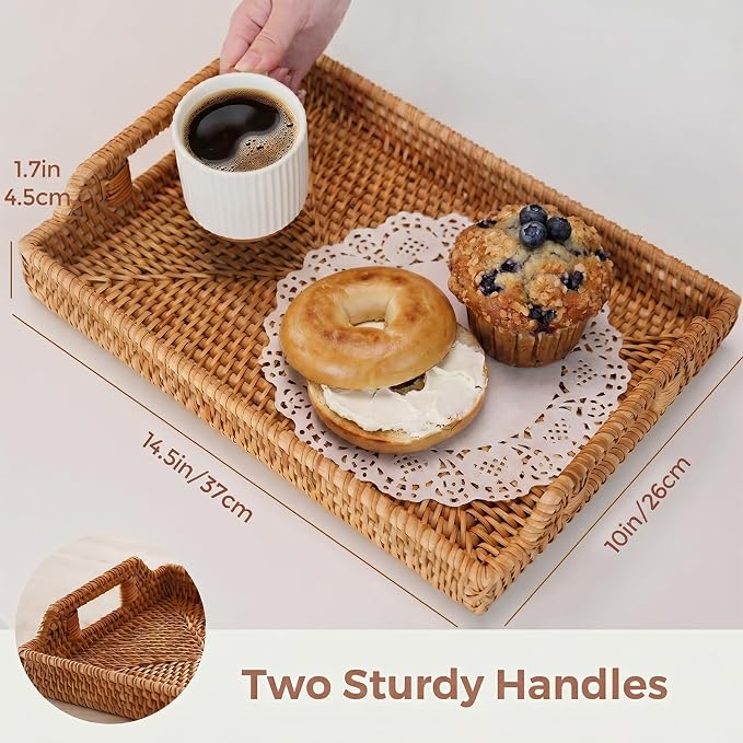 Rattan Serving Tray with Handles, Natural Woven Wicker Tray, Rattan Serving Rectangle Wicker Trays for Decor Coffee Table Breakfast (14.5" × 10")