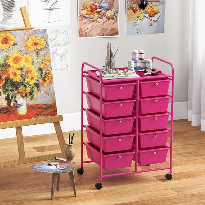 Giantex 10 Drawers Rolling Cart, Classroom Organizers, Storage Cart with Wheels, for Teacher Office Home School Supplies Tool Craft Art Paper, Hot Pink