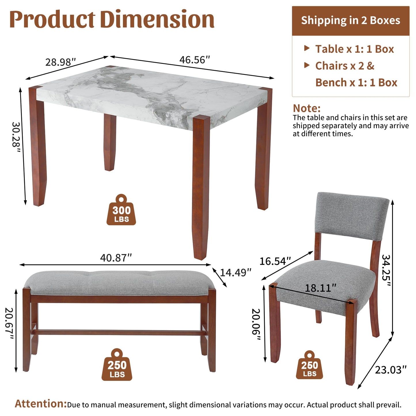 GDFStudio 4 Piece Faux Marble Dining Set with Bench, 46.6" Kitchen Table with 2 Upholstered Chairs, Rubber Wood Legs, Modern Space Saving Furniture for Dining Room, Gray