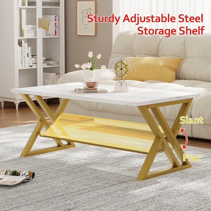 Wolawu Coffee Table Living Room Table with Storage Shelf, White Table Simple Modern Faux Marble Rectangular Tables with Sturdy Gold Metal Frame,Industrial Wooden Coffee Table for Bedroom Home Office