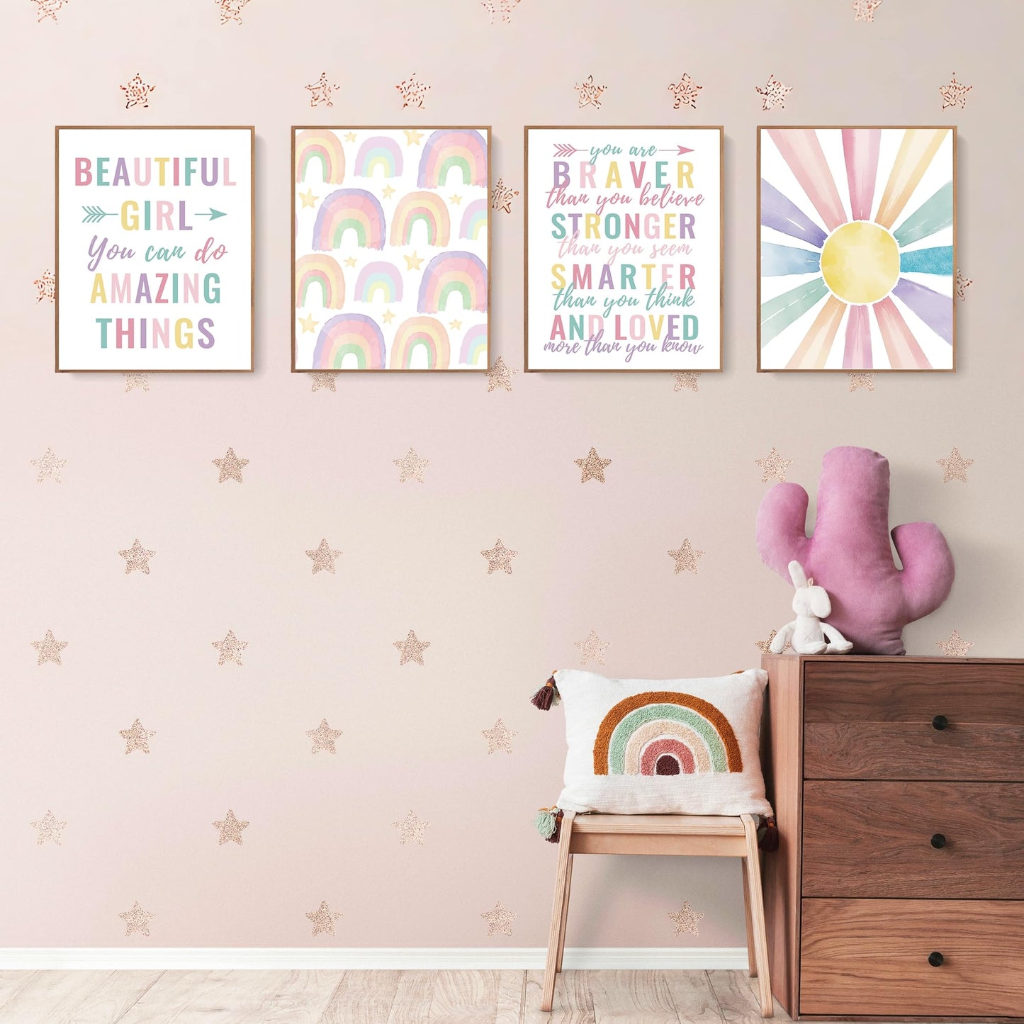 LARTSFRO Boho Pastel Rainbow Sunshine Inspirational Nursery Wall Art Prints Set of 4, Baby Girl Room Decor, Positive Affirmations Artwork Posters Wall Decor for Girls Nursery Room, 8x10 Unframed