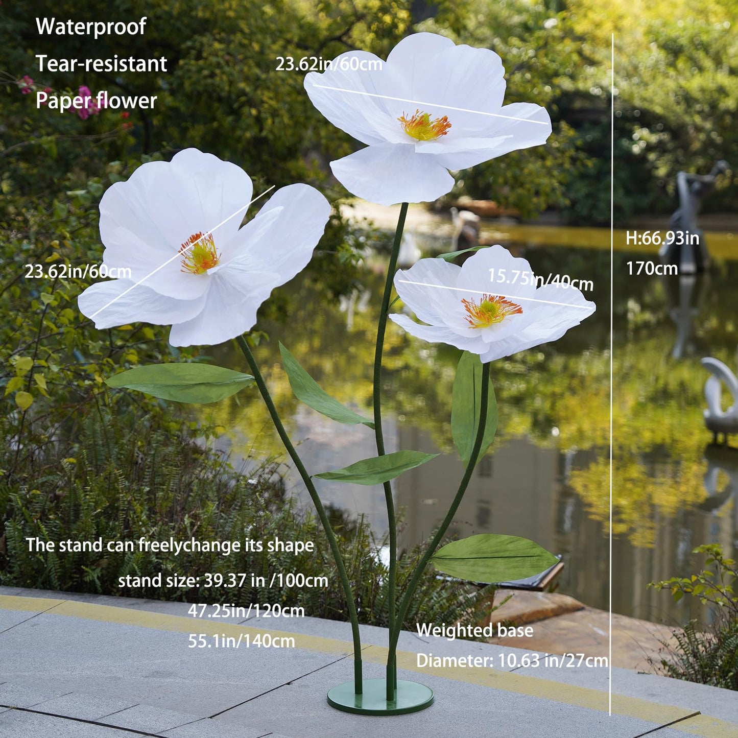 ZEYEXE Large Paper Artificial Flowers,Giant Flowers for Decoration,Huge Handcrafted Poppy Fake Flowers with Stand for Home Decor Bridal Shower Party Outdoors Yard Event Backdrop Decor (White)