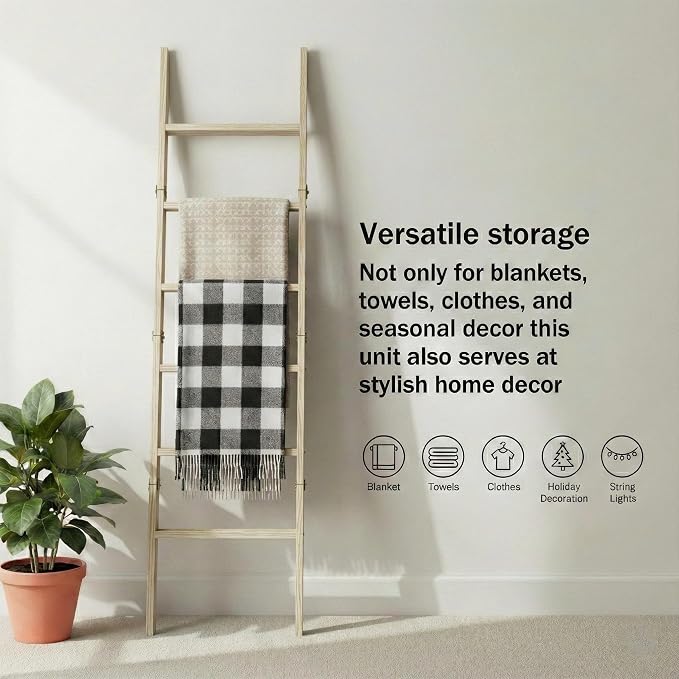 Blanket Ladder for Living Room 6-Tier, Wooden Decorative Quilt Holder for Bed Room, Wall-Leaning Towel Rack for Bathroom, Decorative Blanket Ladder Wood for Home Decor & Display (Light Wash)