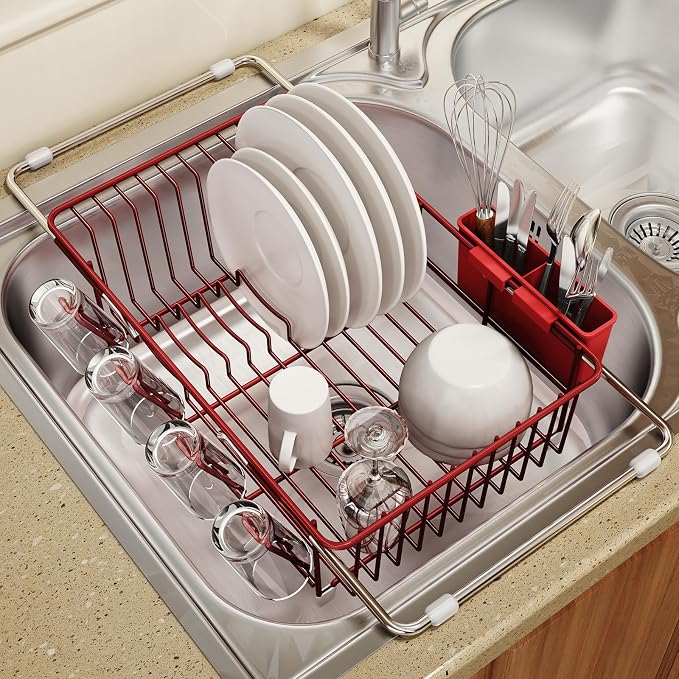 MAJALiS Red Dish Drying Rack Over The Sink with Utensil Holder | Expandable Stainless Steel Dish Drainer for Small Kitchen, Apartment, RV, Counter Space Saving, Perfect Fit, Rustproof