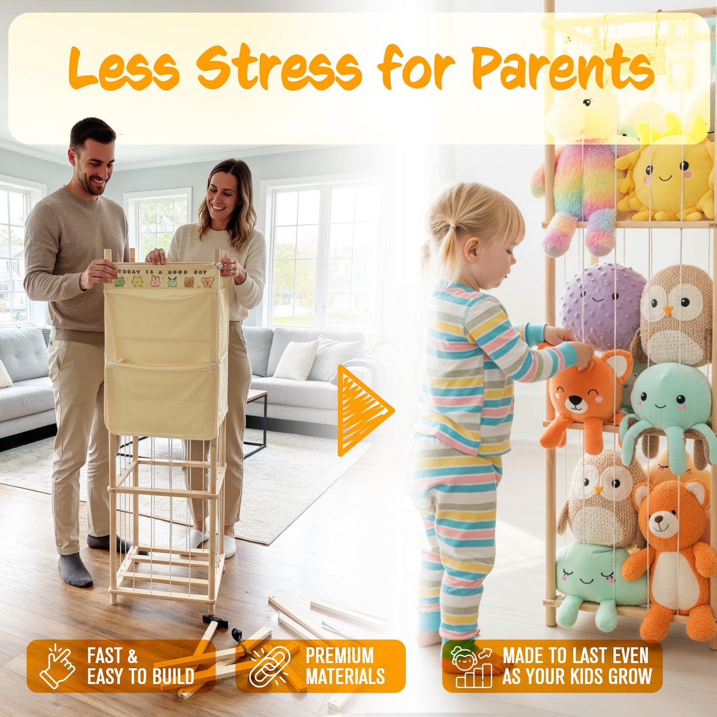 54-Inch Tall Stuffed Animal Storage Organizer - Premium Wooden Plush Toy Holder Zoo, Large Toy Storage Tower with Elastic Rope & Side Storage Bag for Kids Room, Nursery, Playroom, Corner (Sprinoak)