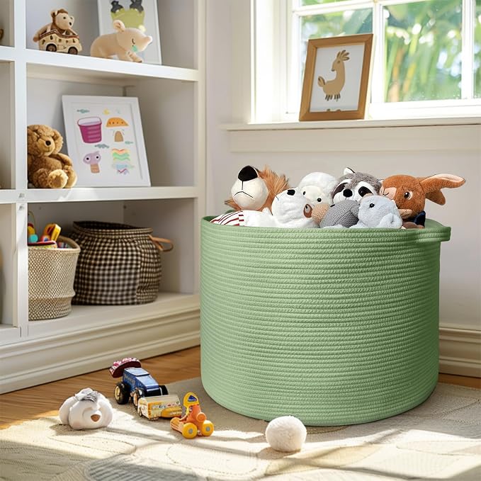 MEGASKET 115L Oversized Green Basket, 23.6"x15.7" Woven Cotton Rope Bin for Blankets, Nursery Wicker Laundry Hamper, Kids Toy Storage Bin, Sage Green Living Room Bedroom Decor Baskets for Organizing