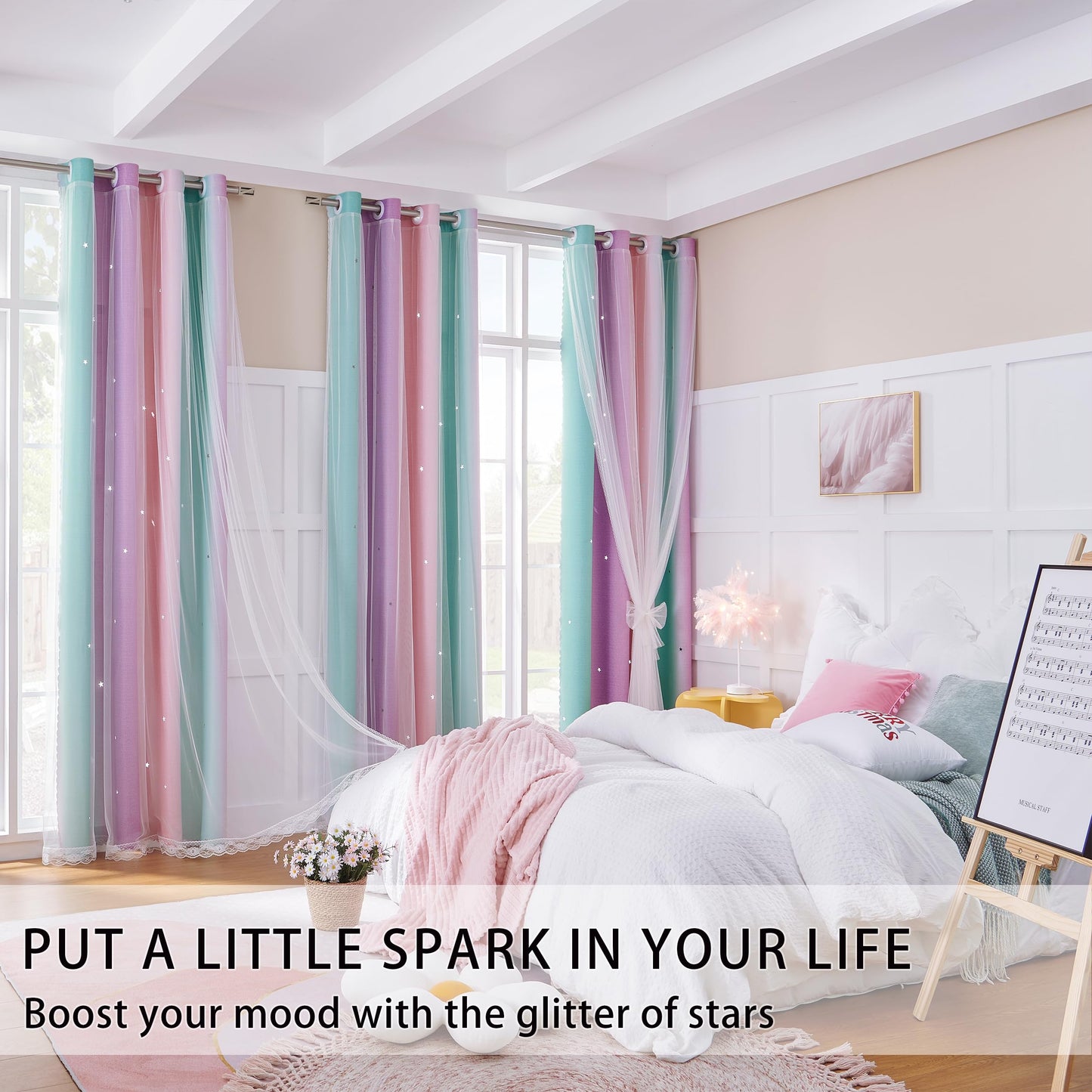 XiDi Curtains for Girls Bedroom Kids Room Unicorn Princess Theme Room Darkening 63 inches Long Wall Decals Pink Purple Green, W52 X L63