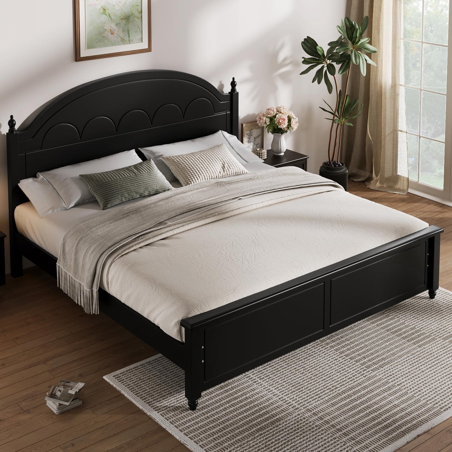 Merax Queen Platform Bed Frame with Arched Headboard, Solid Wood Construction, Classic Elegant Design, Sturdy Support, No Box Spring Needed, Easy Assembly, Black