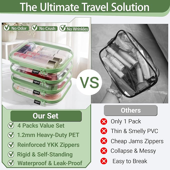 YQBRAO 4-Pack Clear Diaper Bag Organizer Pouches, 1.2mm Ultra-Thick PET Travel Pouches for Toiletries & Makeup, Rigid Self-Standing Bags with YKK Zippers, TSA Approved (Green)