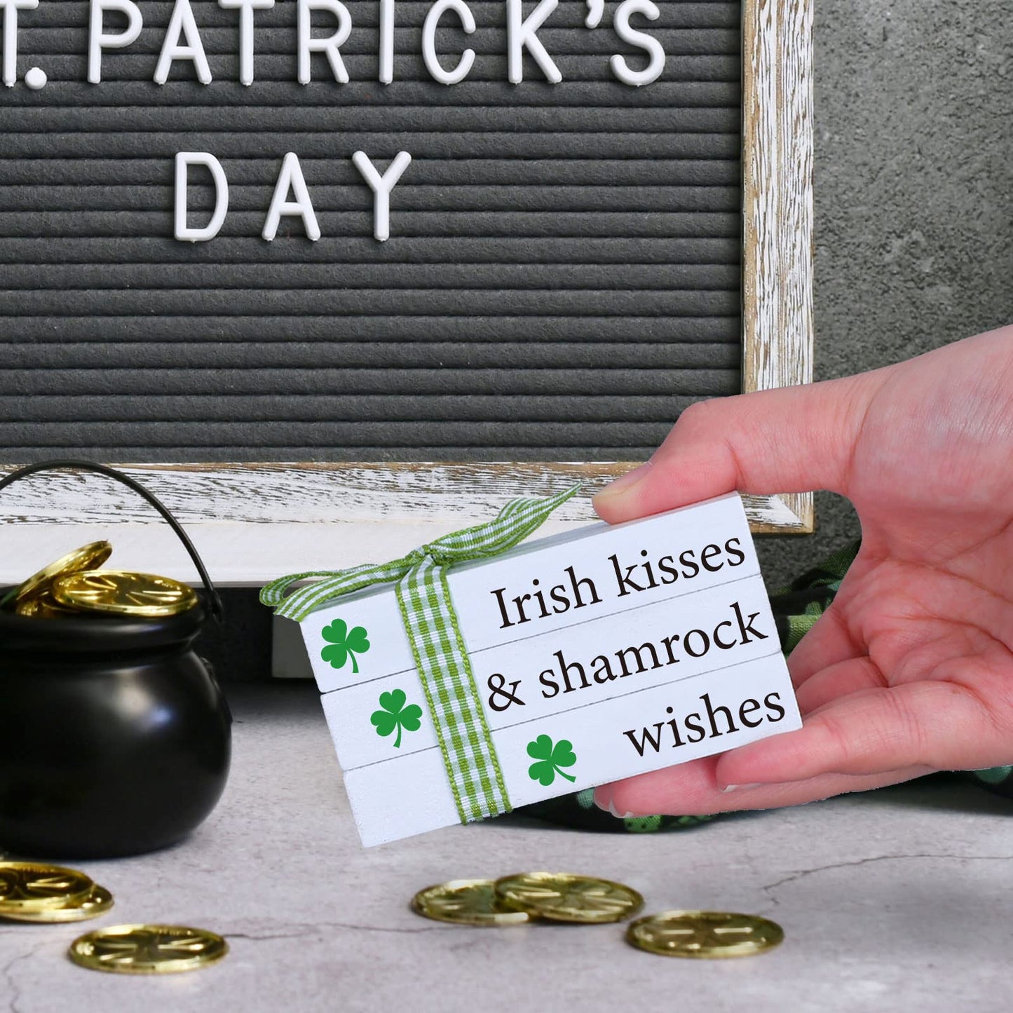 Whaline Mini Happy St. Patrick's Day Wooden Books Stack with Ribbon 2Pcs Shamrock Faux Books Bundle Green White Stacked Books Tabletop Centerpieces for Irish Farmhouse Tiered Tray Entryway Home Decor