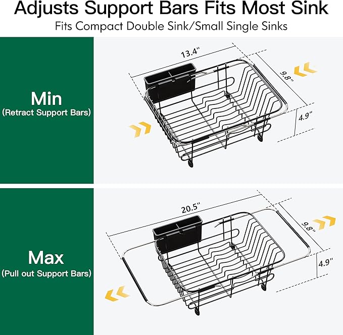 Apartment RV Small Dish Drainer Drying Rack Over The Sink In Stainless Steel for Narrow Kitchen, Counter Space Saving Compact Expandable Metal Plate Dryer Strainer, Black Adjustable Wire Drain Holder