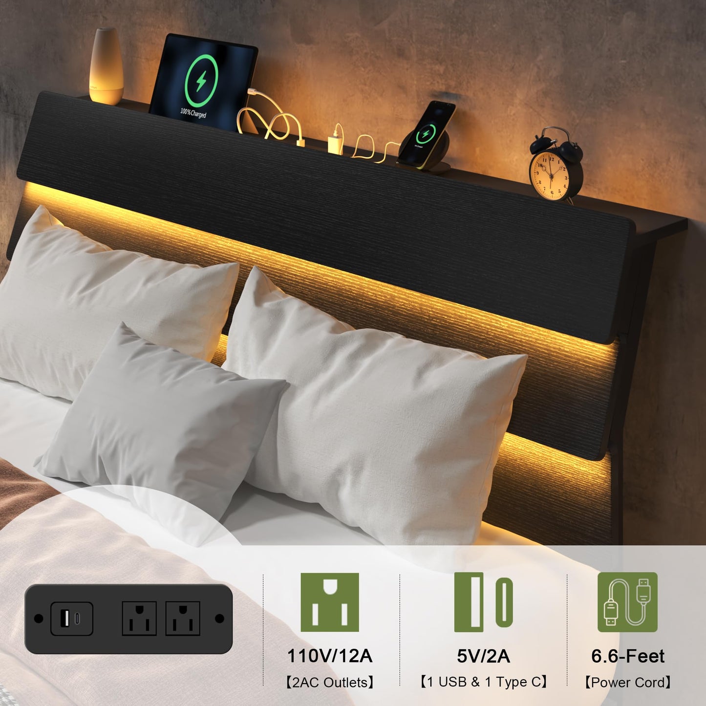 Feonase Floating Bed Frame King with Led Lights and Charging Station, Wood Full Size Bed Frame with Storage Headboard, Heavy Duty Metal Slats, No Box Spring Needed, Easy Assembly,Dark Black