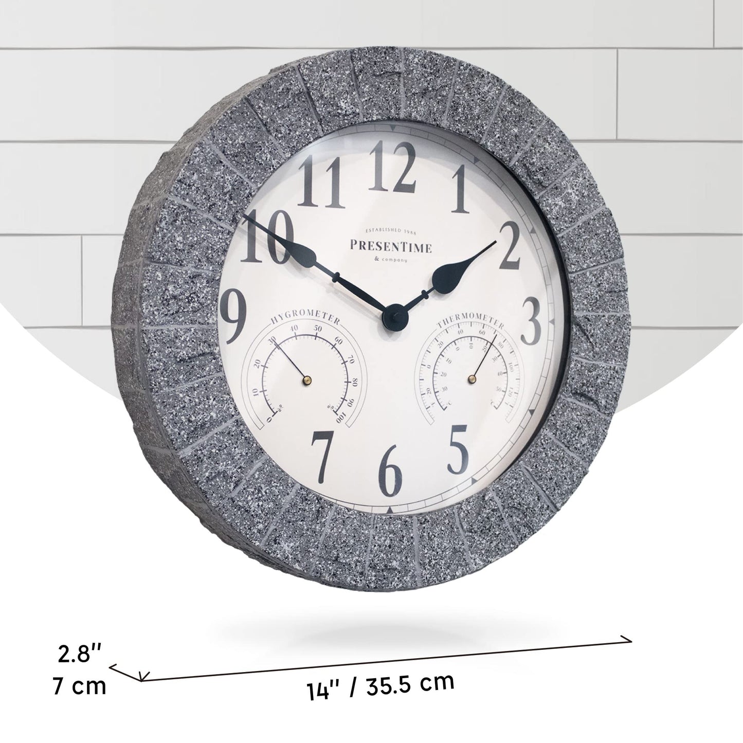 Presentime & Co Sandstone Outdoor Clock with Thermometer & Hygrometer as All in one Weather Station, 14", Gray Sandstone Finish. Weather Thermometer, Outdoor Décor, Wall Décor.