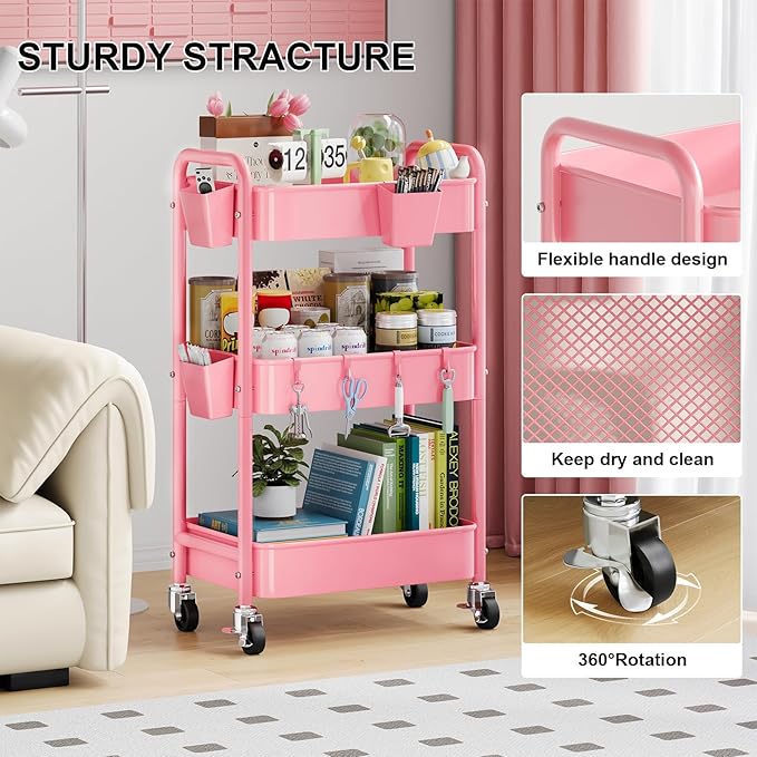 3 Tier Rolling Cart Metal with Lockable Wheels, Pink Three Tiered Diaper Caddy Cart Organizer on Wheels, Storage Utility Trolley Carts for Craft, Art, Nail, Lash, Baby Supplies, Cleaning, Mesh