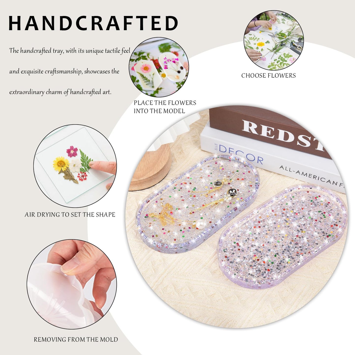 fanhuashijn Jewelry Tray Ring Dish: Resin Trinket Dish with Flash Art - Key Tray - Jewelry Plate Holder for Cute Vanity Decor (1, Transparency Blue)