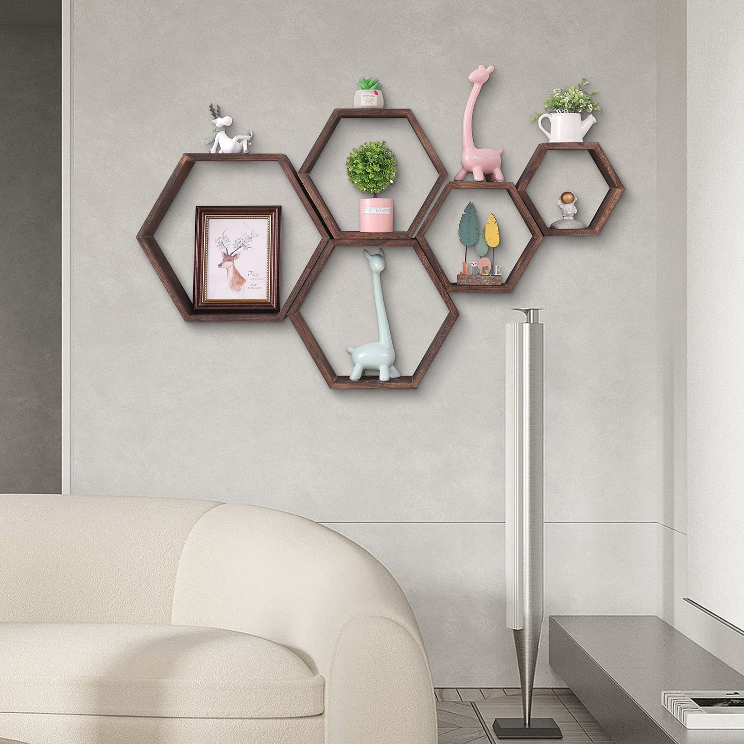 WONFUlity Hexagon Shelves for Wall Mounted, Wood Farmhouse Storage Honeycomb Floating Shelves for Wall Decor,Screws Anchors Included,5pc