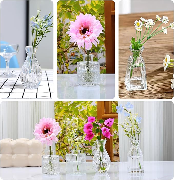 Mapoxy Glass Bud Vases Set of 4,Small Flower Vases for Wedding Centerpiece Table Decorations,Clear Vintage Embossed Mini Vases,Flower Arrangements in Vases for Party or Home Decor