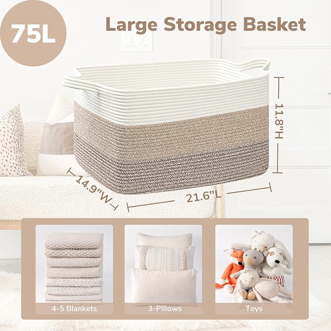 Goodpick Large Woven Storage Basket, 21.6" x 14.9" x 11.8" Rectangle Rope Baskets for Toy Storage, Blanket Basket for Living Room, Bedroom, Light Brown