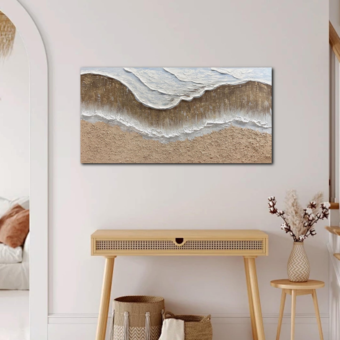 Trogonup Large Coastal Canvas Wall Art for Living Room 20x40 Inch Hand Painted White Ocean Textured Seascape Oil Painting Beach Artwork for Bedroom Office Home Decor Ready to Hang