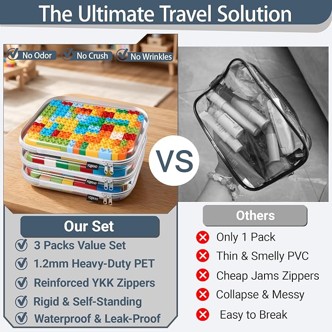 YQBRAO 3-Pack Large Clear Hard Shell Zipper Case, 1.2mm Ultra-Thick Rigid Toy & Closet Organizer, Heavy-Duty Diaper Bag Pouch Set with YKK Zippers, Waterproof Travel Storage (Gray)