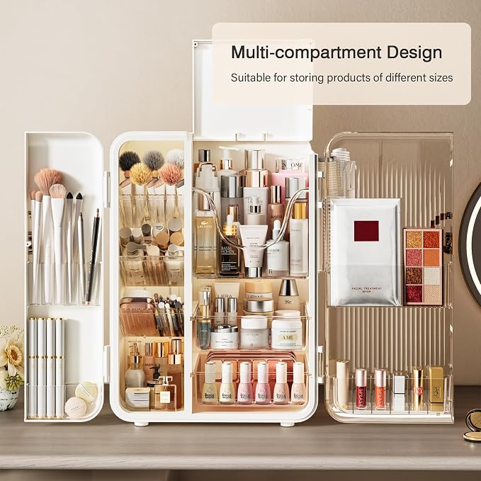 SEE SPRING Makeup Organizer for Vanity, Large Capacity Skincare Organizers and Storage with Drawers, Dustproof Cosmetic Display Case for Bathroom Countertop, Trendy Teen Girl Gifts, White