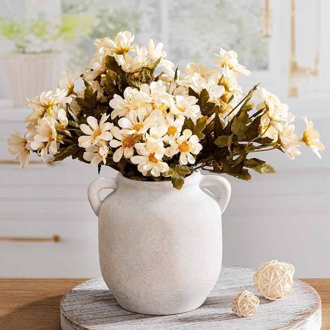 Ceramic Flower Vase Home Decor - Farmhouse Rustic White Table Vases with Handle Living Room Decoration Decorative Vintage Pottery for Kitchen Shelf Coffee Dining Desk Bookshelf Fireplace (6" Rustic)