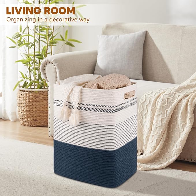 80L Large Cotton Rope Laundry Basket for Bedroom & Laundry Room, Tall Clothes Hamper with Sturdy Handles, Neutral Storage Bin Capable of Holding Blankets and Toys