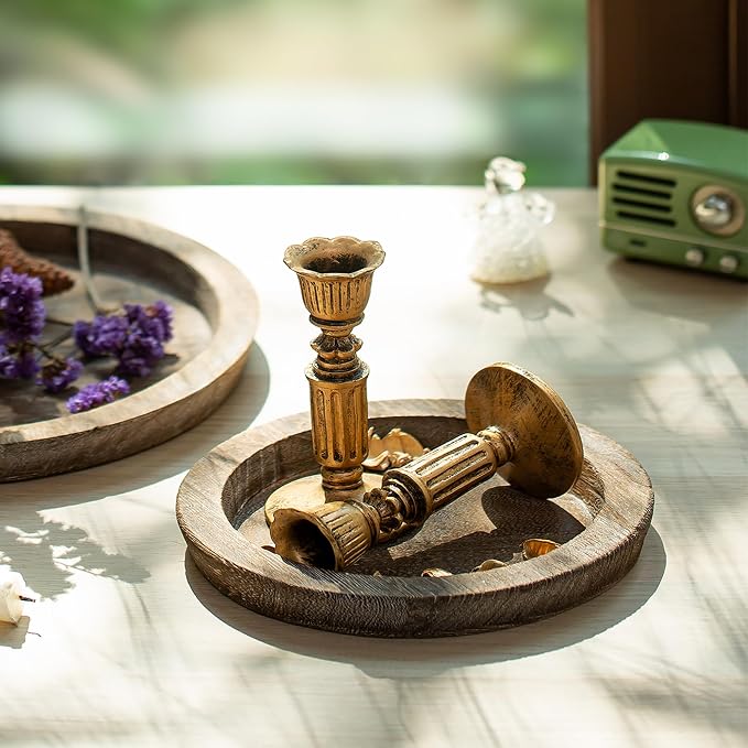 Hanobe Candle Plate Holder Tray: 7.9" Small Round Wood Decorative Candle Trays - Rustic Farmhouse CoffeeTable Decor - Candlestick Pillar Holder for Centerpiece Home Decor