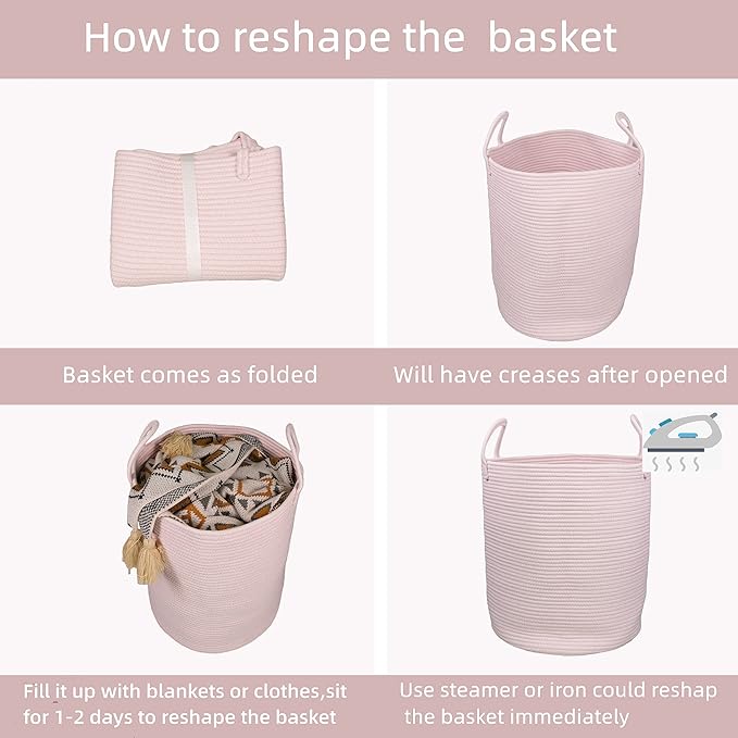 XUANGUO Cotton Rope Laundry Basket Hamper for Girls Kids Baby Nursery Hamper Bin Woven Storage Basket for Living Room Girls room Boho Tall Rope Baskets for Blanket Toys Large light pink