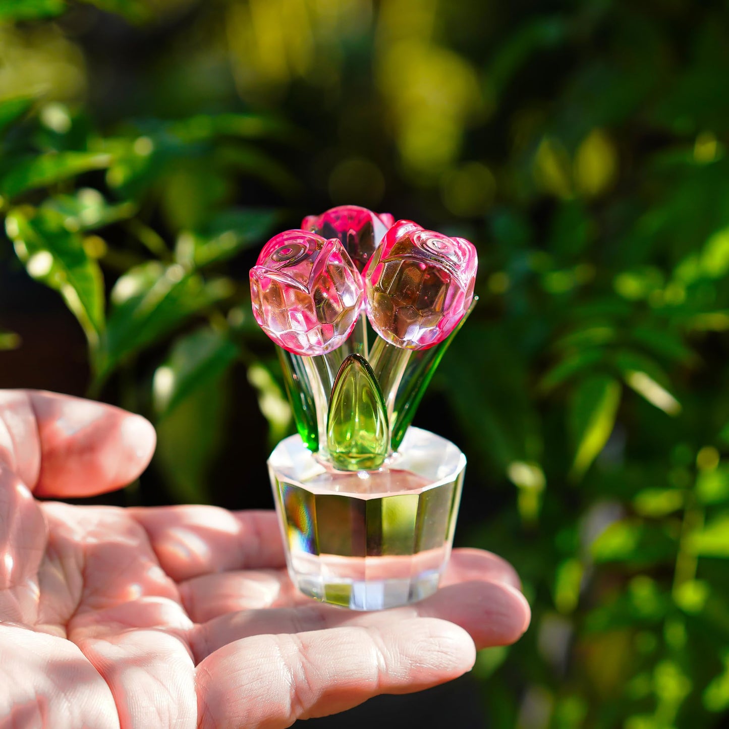 KRISININE 3.2 * 2in Crystal Pink Rose Flower Figurine Romantic Gifts for Wife Girlfriend Mom on Birthday Wedding Home Decorations