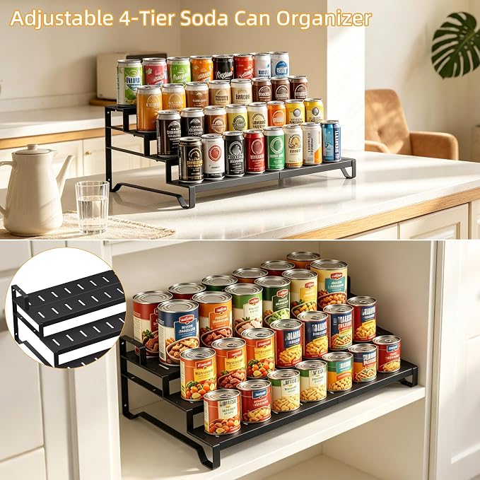 Attelite 4 Tier Expandable Can Rack Organizer for Pantry, Adjustable 13"-21" Metal Soda Can Organizer, Pantry Organization Canned Food Storage Holder for Kitchen Cabinet Countertop, Black 2Pack
