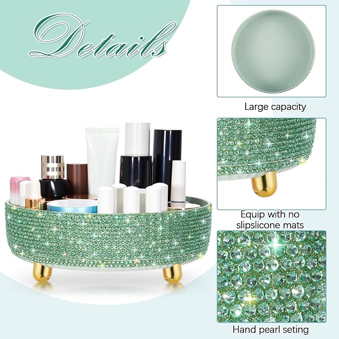 Honeydak Green Bling Perfume Makeup Organizer Bling Mother's Day Nurses Day Gifts for Women Bathroom Organizers and Storage 360 Rotating Makeup Organizer for Countertop(Resin Stone)