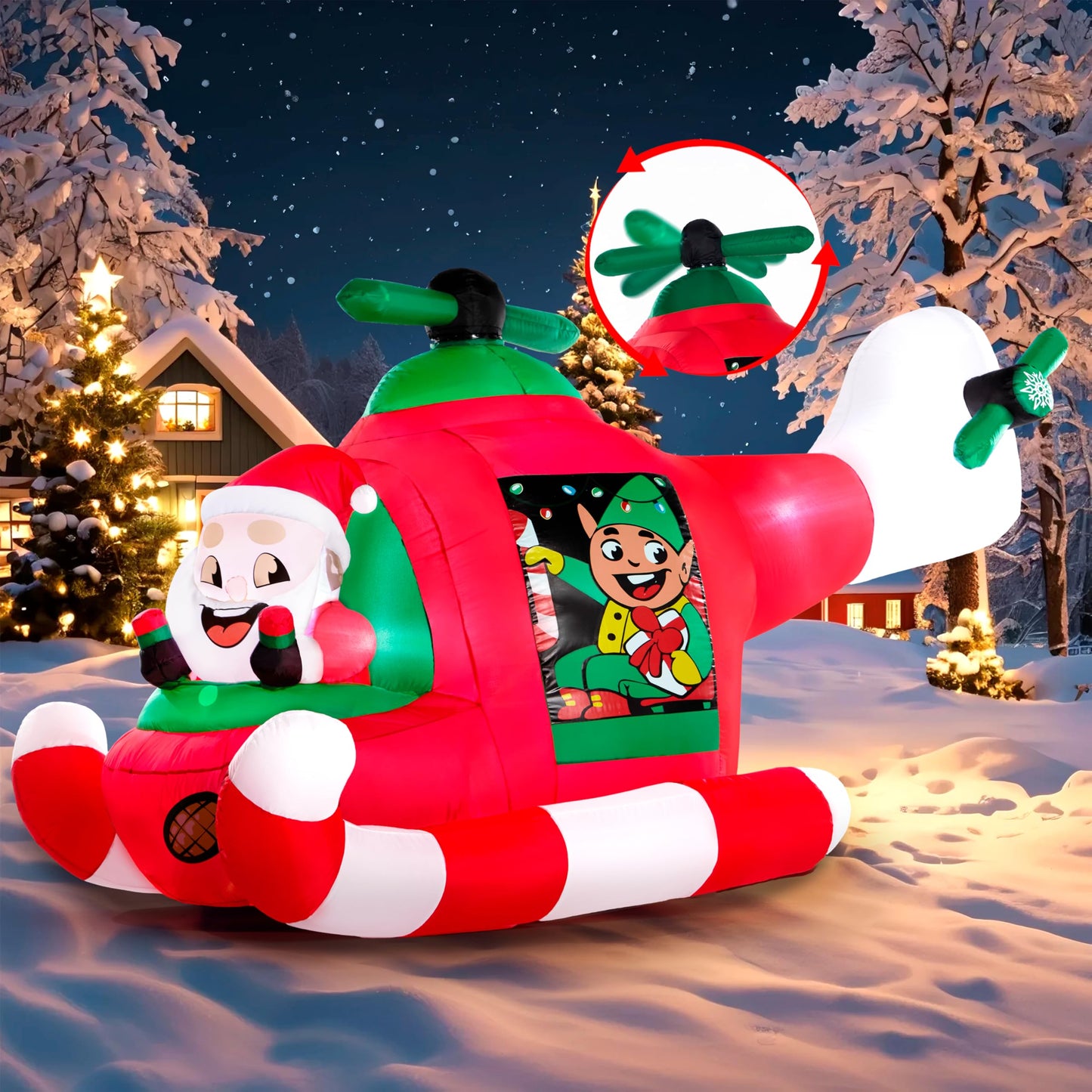 JOIEDOMI 7 FT Long Christmas Inflatable Santa Elf on Animated Helicopter, Blow Up Santa Inflatable on Flying Airplane with Rotating Propeller Yard Decor with LED for Xmas Party Garden Lawn Decor