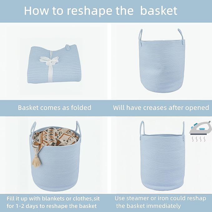 XUANGUO Cotton Rope Laundry Basket Hamper for Clothes Woven Storage Basket for Living Room Bedroom Boho Tall Rope Baskets for Blanket Toys Pillow Towels Baby Nursery Hamper Bin light blue Large