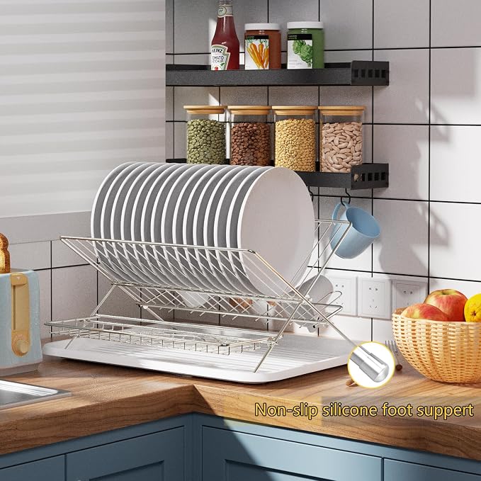 Collapsible Cup Drying Rack, Space Saving Foldable Stainless Steel(304) Mug Holder for Kitchen Counter,Compact 5-Glass Cup Rack Metal 3-Tier Large Capacity