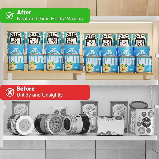 Expandable Can Organizer for Pantry, 3-Tier Adjustable Bamboo & Iron Can Rack for Cabinets, Easy Access Food Storage Shelf for Canned Goods, Soda & Soup Cans, Holds Up to 30 Cans, White