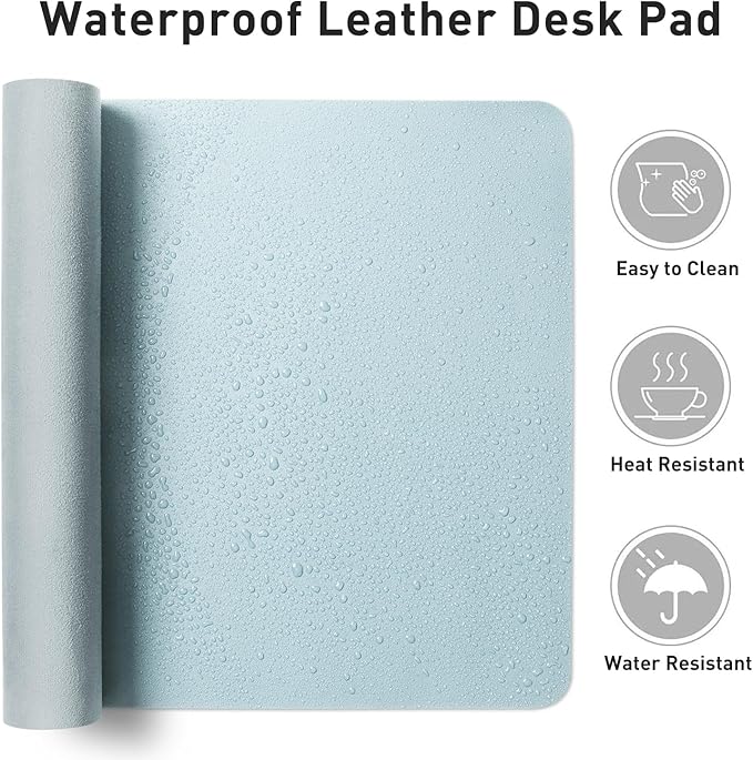 Aothia Faux Leather Desk Mat - Non-Slip PU Leather Desk Blotter, Waterproof Writing Surface, Large Desk Pad for Office & Home (Baby Blue, 55" x 17")