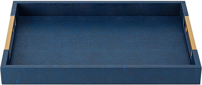Navy Blue Faux Leather Serving Tray with Handles – Large Decorative Tray for Coffee Table, Ottoman, Living Room, Bathroom – Home Decor