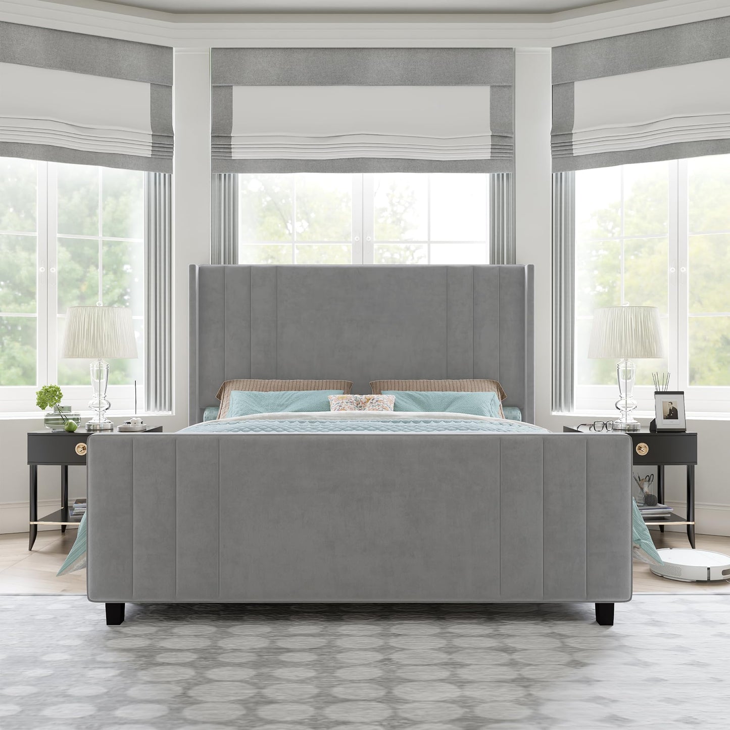 AMERLIFE King Size Bed Frame, Velvet Upholstered Platform Bed with Vertical Channel Tufted Headboard & Footboard/Wingback, Mattress Foundation with Wood Slats, No Box Spring Needed, Light Grey