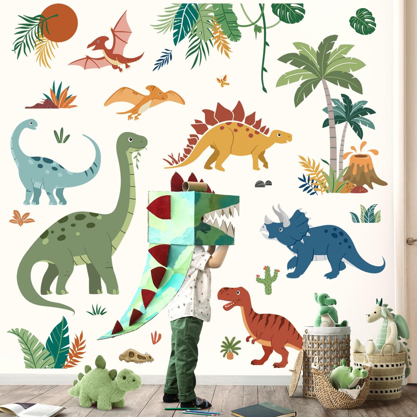 decalmile Large Boho Dinosaurs Wall Decals Dino Animal Tropical Palm Tree Wall Stickers Boys Bedroom Playroom Baby Nursery Wall Decor(XL)