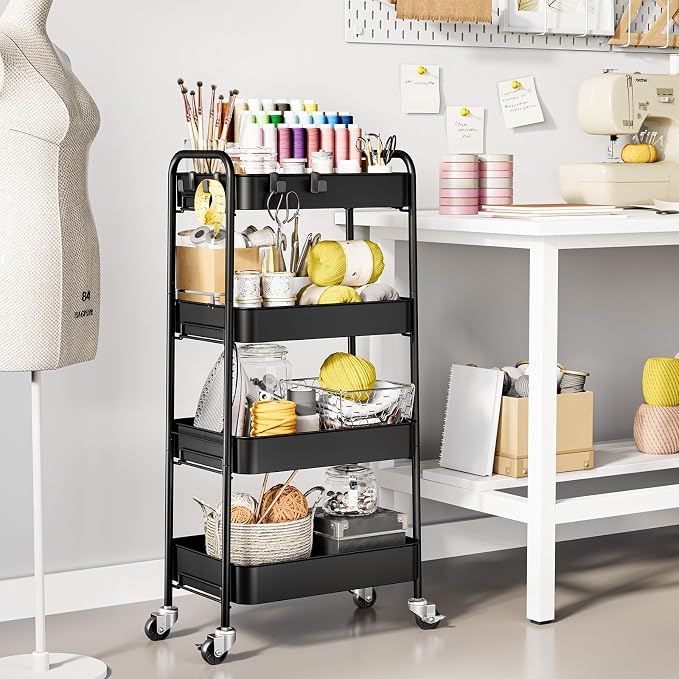 TOOLF 4-Tier Rolling Cart - Metal Storage Organizer with Lockable Wheels, 44 lbs Per Shelf Capacity, Tool-Free Assembly, for Kitchen Bathroom Office Laundry Room Nursery, Black