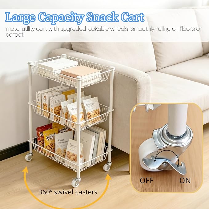 Kitchen Storage Cart for Fruit Vegetable 3 Tier Utility Cart with Wheels, White Rolling Pantry Floor Organizer Onion Potato Storage, Metal Wire Basket Stand Snack Shelf Home Organization
