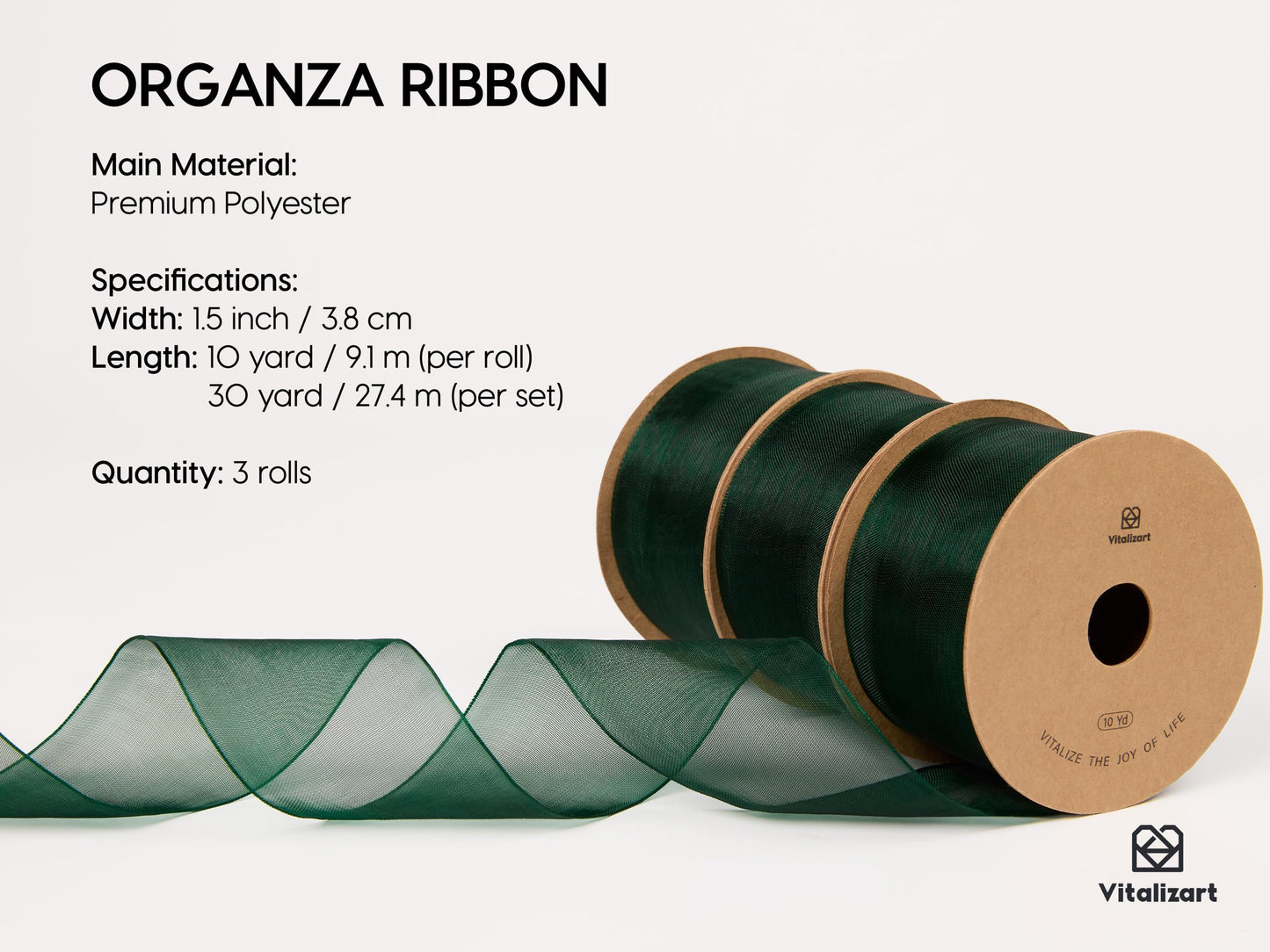 Vitalizart Green Organza Ribbon 1.5" x 30 Yd Sheer Ribbons Dark Green for Christmas Decor Gift Wrapping Crafts Bows Wedding Invitations Wreaths Bouquet