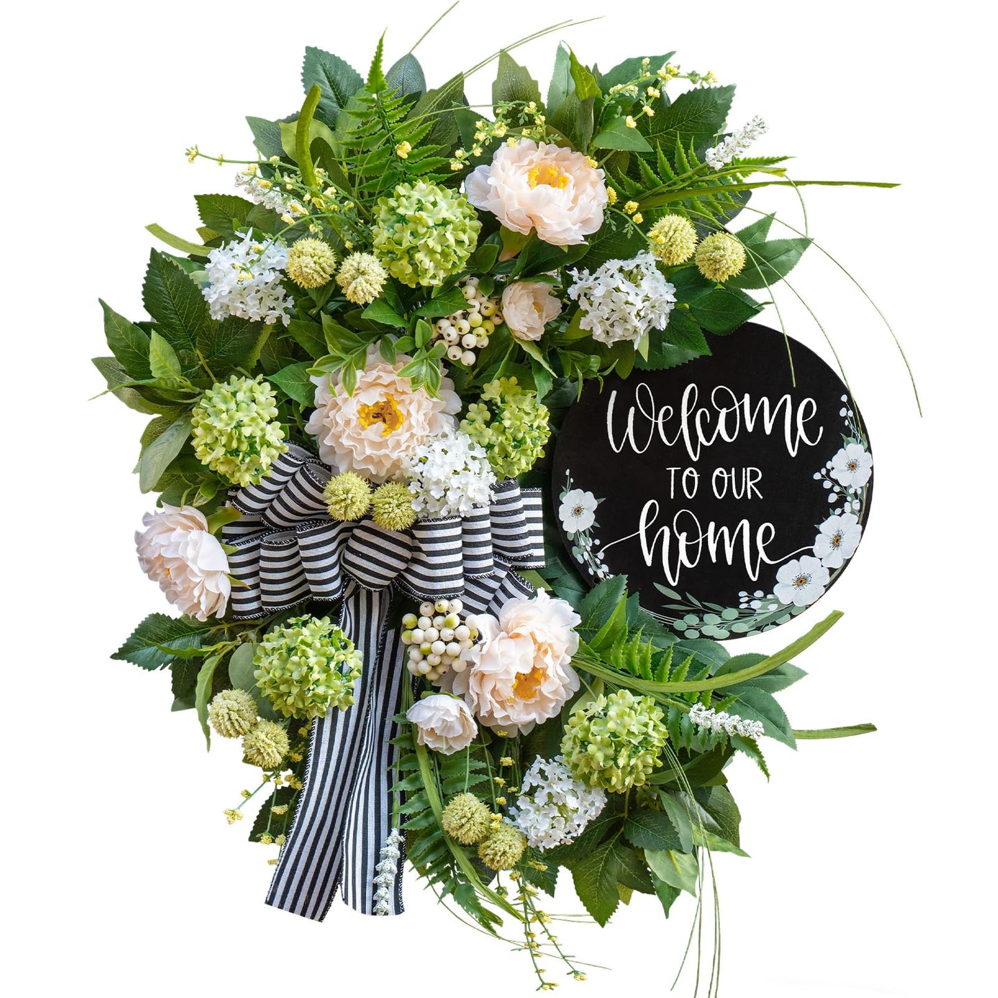 Spring Summer Wreaths for Front Door, Half Circle Summer Wreath with Hydrangea & Peony, Striped Bow & Welcome Sign – 24 Inch Indoor/Outdoor Seasonal, Housewarming & Festive Spring Door Wreath Decor