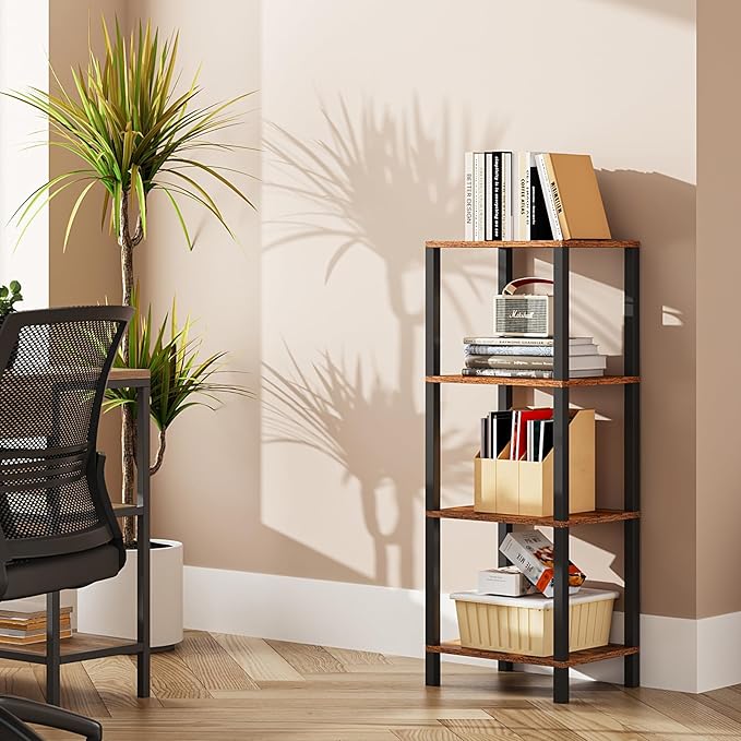 TUTOTAK Bookshelf, 4-Tier Tall Book Shelf, Narrow Bookcase for Small Space, DIY Stackable Bookshelf, for Living Room, Office, Study, Entryway, Industrial, Rustic Brown BS01BB004